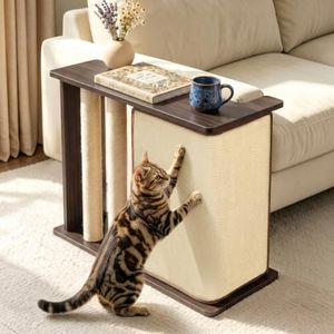 Oueand Cat Corner Side Table Scratcher, 2-in-1 Sofa Protector from Cat Claws with Scratching Post – Replaceable Sisal Pad, Sturdy Wood Frame, Fits Left/Right Sofa Arm, Odor-Free, Black Walnut, 23.5"