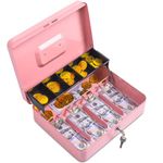 Cash Box with Lock and Money Tray - Tomekji Durable Metal Large Money Box 11.8"L x 9.5"W x 3.5"H - 5 Compartment Tray 4 Spring Loaded, Come with 2 Key, Pink