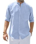 siliteelon Blue Linen Shirts Grandad Collar Men's Shirt Regular Fit Casual Summer Beach Shirt with Pocket,XL