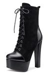 NobleOnly Women's Platform Ankle Boots Lace-Up Zipper Block Heel 6IN High Heels Booties Black Suede Shoes UK12