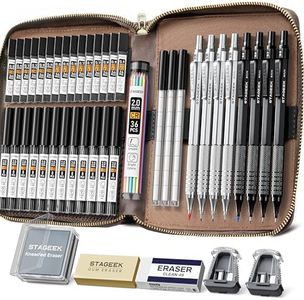 STAGEEK 45PCS Black & Silver Metal Mechanical Pencil Set in Leather Case, 0.5, 0.7, 0.9, 2.0mm Drafting Pencils with 28 Tubes(6B 4B 2B HB 2H 4H & Colors)Lead Refills for Art Drawing, Sketching,Writing