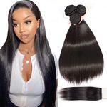 BLACKMOON HAIR(TM) Brazilian Virgin Remy Straight Hair 4 Bundles With Lace Closure Unprocessed Human Hair Extensions Weave Natural Black Color (16 18 20 22+14 Inch Closure, Free Part)