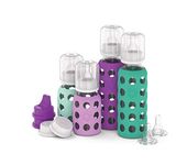 Lifefactory 4 Bottle Starter Set, (2) 4-Ounce Baby Bottle in Mint/Lavender, (2) 9-Ounce Baby Bottle In Kale/Grape, (2) Flat Caps, (2) Sippy Caps, (2) Stage 2 Nipples