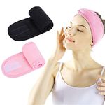 Spa Facial Headband - 2 PCS Make Up Wrap Head shower Sport Terry Cloth Headband Adjustable Stretch Towel With Magic Tape (Black + Pink)