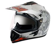 Vega Off Road Gangster ISI Certified Gloss Finish Full Face Dual Visor with Peak Helmet for Men and Women Outer Clear Visor and Inner Smoke Sun Visor(White Orange, Size:M)