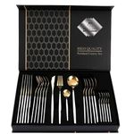 BonZeaL Diwali Gift Hampers 24 Pieces Mirror Finish Stainless Steel Flatware Cutlery Set for Hotel Restaurant White Gold Cutlery Set for 6 Person Diwali Gift Items for Family, Diwali Gift Box Set