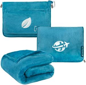 PAVILIA Travel Blanket and Pillow Set, Airplane Blanket Compact 2-in-1 Combo, Travel Essentials for Flying, Portable Blanket for Plane Car, Long Flight International Travel Gift Accessories, Teal Blue