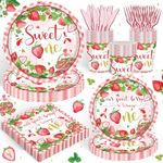 120PCS Strawberry Themed Supplies for Girls Kids Sweet One 1st Birthday Party Decorations Berry First Disposable Tableware Set Plates Napkins Cups and Forks Knives Serves 20 Guests