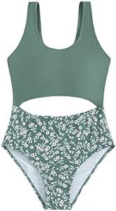 Milumia Girl's One Piece Floral Print Swimsuit Cute Cut Out Bathing Suit Swimwear Z Ditsy Floral Green 8-9 Years