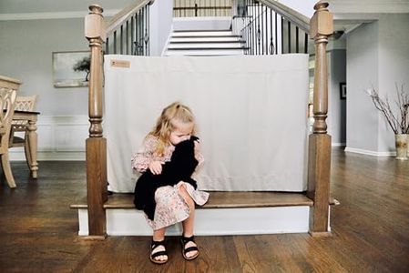The Stair Barrier First Fabric Banister to Banister Baby Gates for Stairs 42”–52” Wide x 32” Tall– No Drill Baby Gate for Top or Bottom Staircase, Machine-Washable Climb Proof, Designed in USA, Cream
