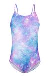 RAISEVERN Girls Swimsuit Galaxy Funny Cute Beachwear 3D Purple Pink Round Neck Sleeveless Swimming Wear Bathing Suit, M, 5-6 Years