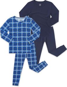 JunNeng Bamboo Viscose Pajamas for Toddler Boys, Baby Kids Soft Stretchy Pajamas Sets Sleeper, Navy Blue Plaid + Navy Blue 2-3 Years