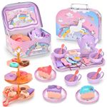 Tea Set for Girls, Unicorn Plastic Tea Party Set with Desserts & Carry Case, Toddler Kids Kitchen Pretend Play Toys for 3 4 5 6 Year Old Girl Birthday Easter