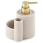 Navaris Kitchen Soap Dispenser Caddy - Washing Up Liquid Dispenser with Sponge Tray and Brush Holder - Refillable Pump for Countertop - Beige/Brass