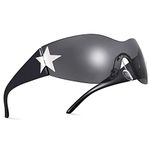 NULOOQ Rimless Y2K Sunglasses for Women Men – Trendy Star Shield Wrap Around Sunglasses Oversized Frameless Sun Glasses, A1* Black/Gray, Medium