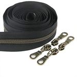 Leekayer #5 Antique Brass Nylon Coil Zippers by The Yard Bulk 10 Yards Black Tape with 25pcs Brass Sliders for DIY Sewing Tailor Craft Bag(Black)