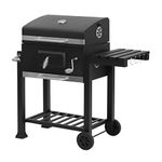 Laneetal BBQ Charcoal Grill Portable Barbecue Trolley Outdoor BBQ Grill with Cover, Wheels, Thermometer and Folding Shelf, for Garden Grilling, Camping, Picnic, Black Metal, 113x45.5x100cm