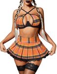 Avidlove Womens Lingerie Sets Two Piece Lingerie Sets Sexy Plaid Lingerie with Pleated Mini Skirt(Orange Black Plaid,X-Large)