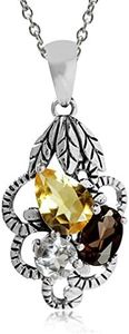Natural Citrine Smoky Quartz & Topaz 925 Sterling Silver Vintage Pendant w/ 18 Inch Chain Necklace