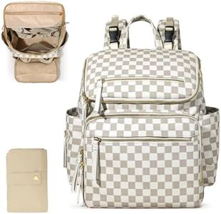 Omanmoli Checkered Diaper Bag Backpack Large Baby Diaper Bag Leather with 17 Diaper Bag Organizing Pouches,Changing Pad,Stroller Straps,4 Insulated Pockets,Beige&Honey
