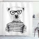 Apartment Decor Shower Curtain Set, Dressed Up Hipster Nerd Smart Male Bear in Glasses Fun Character Animal Artful Print, Bathroom Accessories, 75 Inches Long, Black White