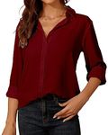 SPRING SEAON Women's Button Down Shirts Causal Collared Blouses Work Office Long Sleeve Chiffon Blouse for Ladies Wine