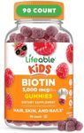 Lifeable Kids Biotin Gummies | 5,000mcg | Great Tasting Natural Flavor Biotin Supplement | Vegan Non GMO Hair Gummies | for Hair Skin and Nails | 90 Gummies