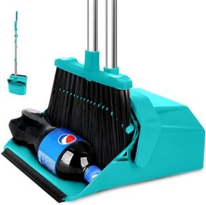 Tiumso Upgrade Broom with Dustpan Combo Set, Broom and Dustpan Set with 51'' Long Handle, Large Upright Brooms and Dust Pans, ZeroGap Lip, Self-Cleaning Dustpan Teeth for Lobby and Restaurant - Blue