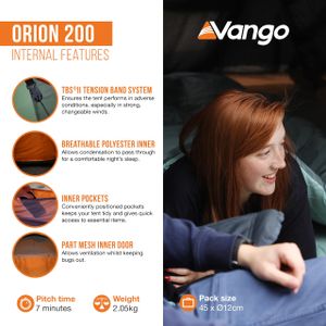 Vango Orion 200 2-Person Tunnel Tent – 5000mm HH, Alloy Poles, Lightweight