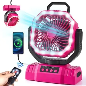 Odoland Portable Camping Fan with LED Lantern, 10000mAh Rechargeable Battery Powered Fan with Auto Oscillation, Timer, Remote, 360° Rotation Hook, 4 Speeds Tent Fan for Power Outage Travel Home, Pink