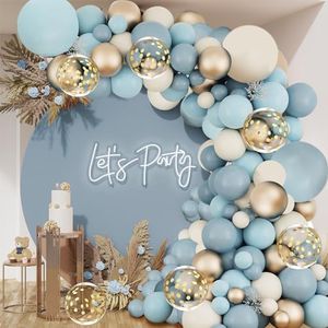 Dusty Blue Balloon Garland Kit,133pcs Dusty Slate Fog Baby Blue Metallic Gold Sand White Balloons and Gold Confetti Balloons for Wedding Bridal Shower Blue Theme Party Boy Birthday Party Baby Shower Decorations…