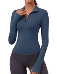 Rapbin Women's Gym Top Long Sleeve Sports Quarter Zip Lightweight Sports Running,Cycling T-Shirt Quick Dry with Thumb Holes Grey Blue M