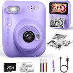 LETSHAHA Kids Instant Print Camera, 3.0-inch HD Screen 32MP Photo Instant Digital Camera Christmas Birthday Gifts Toys for Children Girls Boys Age 3-12 - Purple