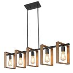 Modern Kitchen Island Lighting,5 Lights 105cm Height Adjustable Dining Room Light Fixtures, Rustic Wood Chandelier For Kitchen, Pool Table Lights,Black Body+Wood Frame, E27（Bulbs Not Included）