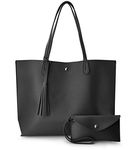 Minimalist Clean Cut Pebbled Faux Leather Tote Womens Shoulder Handbag, Black, Medium