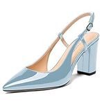 MODENCOCO Women's Pointed Toe Slingback Patent Cut Out Ankle Strap Block High Heel Pumps Shoes 3.5 Inch, Light Blue, 12.5