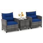 ORALNER Patio Furniture, 3 Pieces Outdoor Wicker Conversation Set Chairs with Soft Cushions and Glass Coffee Table, Rattan Bistro Set for Balcony Garden Deck Front Porch Poolside (Navy Blue)