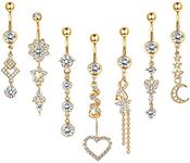 Florideco 7Pcs 14g Belly Button Rings Dangle 316L Surgical Steel CZ Navel Ring Barbell for Women Body Piercing Jewelry Silver/Gold/Rose Gold