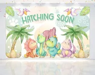 5x3FT Dino 'Hatching Soon' Backdrop - Prehistoric-Themed Baby Shower Decoration, Vibrant Photo Background for Expectant Parents