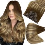 Full Shine Brown Human Hair Clip in Extensions Balayage Seamless Clip in Hair Extensions Human Hair Medium Brown Ombre Platinum Blonde and Light Brown Remy Hair Extensions 18 Inch 8 Pcs 120 G