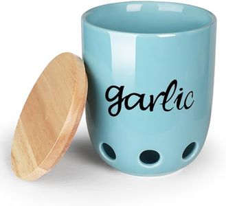 HAOTOP Ceramic Garlic Keeper for Counter with Wood Lid (Turquoise)