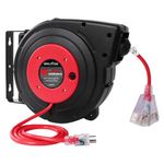 GREATIDE 45 Ft Retractable Extension Cord Reel, 12 AWG/3C SJTOW Heavy Duty Power Cord with 3 Electrical Outlets, 15 AMP Circuit Breaker, Lighted Triple Tap, Ceiling or Wall Mount, UL Listed