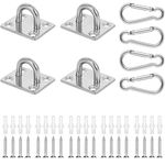 Gitua 4 Pcs 304 Stainless Steel Oblong Pad Eye Plate Set with 4 Pcs Carabiner, 20 Pcs Screws and Plastic Plugs, Heavy Duty Ceiling Wall Mount Hook for Marine Hammock Boat Rigging