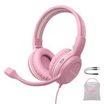 SIMOLIO Kids-Headphones with Microphone for School, 75/85/94 dB Wired Headphones with Boom Mic for iPad, PC, Laptop, Gaming, On Ear Pink Stereo Corded Headsets for Girls, Children, Teens, Students