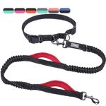 VIVAGLORY Hands Free Dog Lead with Double Upgraded Anti-Shock Bungees and Padded Handles, Reflective Waist Running Lead with Adjustable Belt for Training Jogging for Medium Large Dogs Black/Red