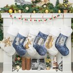 GEX Christmas Stockings 6 Pack for Family 20" Large Blue White Velvet Gold Silver Sequins with Soft Faux Fur Embroidery Classic Fireplace Tree Decorations Hanging Ornament for Xmas Season (Set of 6)