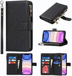 Jaorty Wallet Case Compatible with iPhone 11 Zipper Cash Pocket Magnetic Case Case,[9 Card Slots] [Wrist Strap] [Stand Feature] Luxury Leather Cover Shockproof Slim Case for iPhone 11,6.1 inch Black