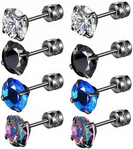 Hopply 4 Pairs Titanium Screw Back Surgical Stainless Steel Earrings for Women Men,Rainbow 5A Cubic Zirconia Studs Double Side Earrings Piercing Sleeper Jewelry 6mm (A-Black Colorful CZ)