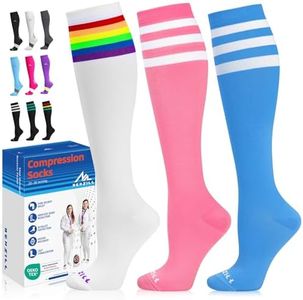 NEWZILL Medical Compression Socks for Women & Men Circulation 20-30 mmHg, Best for Running Athletic Hiking Travel Flight Nurses (3-Pairs, Stripes Rainbow/Pink/Blue, XXL)