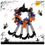 NUZEKY Halloween Wreath Decorations for Front Door - Halloween Wreaths Ornaments with Witch Hat Legs Pumpkins - Halloween Hanging Decorations for Door Porch Window Indoor & Outdoor Decor